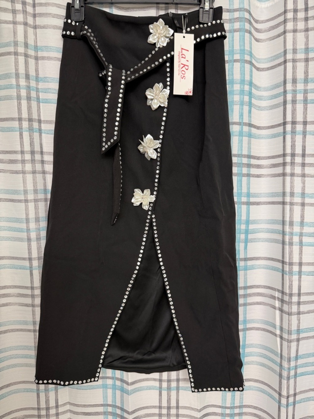 Black Embellished Pencil Skirt with Floral Accents